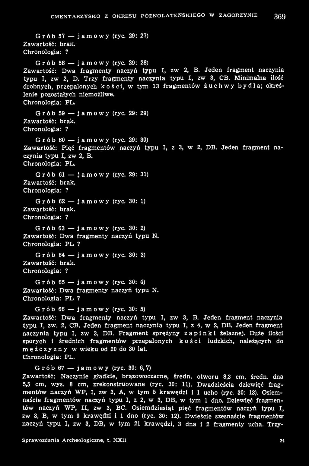 Chronologia: PL. Grób 59 jamowy (ryc. 29: 29) Zawartość: brak. Chronologia:? Grób 60 jamowy (ryc. 29: 30) Zawartość: Pięć fragmentów naczyń typu I, z 3, w 2, DB.