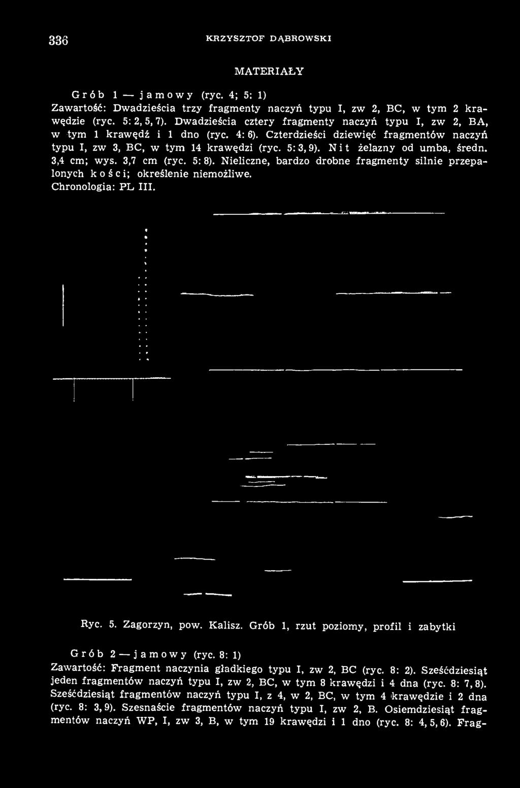 Nit żelazny od umba, średn. 3,4 cm; wys. 3,7 cm (ryc. 5: 8). Nieliczne, bardzo drobne fragmenty silnie przepalonych kości; określenie niemożliwe. Chronologia: PL III. Ryc. 5. Zagorzyn, pow. Kalisz.