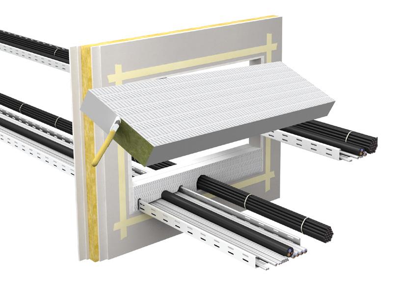 Montaż w ścianie uszczelnienie kabli 5. Powierzchnie cięć płyty z wełny mineralnej pokryć materiałem PYRO-SAFE FLAMMOTECT-A i zamontować w otworze przejścia 6.