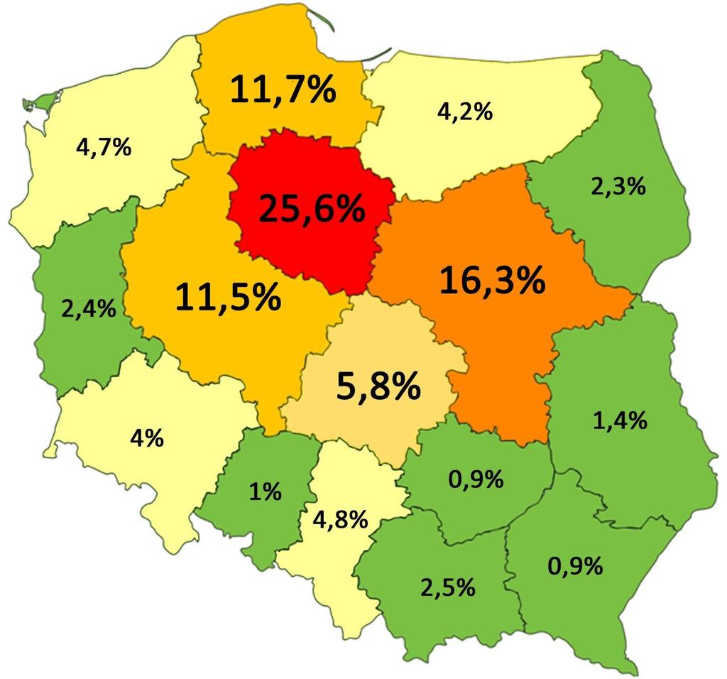 Kierunki przyjazdów turystów krajowych nieznacznie różnią się od wyników z 215 roku. W 216 roku nadal najwięcej turystów pochodzi z województwa kujawsko-pomorskiego, stanowili oni 25,6% (w 215 39,3%).