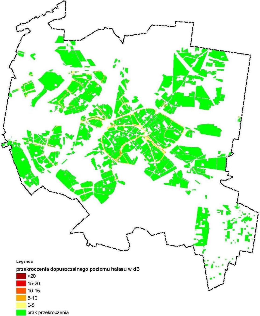 Rysunek 3-2 Mapa przekroczeń poziomów dopuszczalnych wskaźnika L N Na podstawie powyższych map opracowano propozycje rozwiązań antyhałasowych