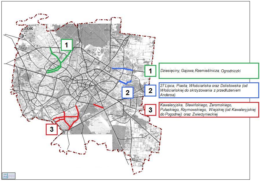 Analiza sieci drogowej na podstawie Studium Komunikacyjnego i Mapy Akustycznej, w połączeniu z analizą planów inwestycyjnych pozwoliła na wytypowanie rejonów, na których można wprowadzić ograniczenia