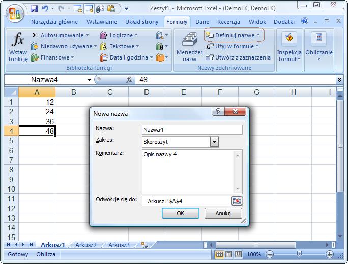 Filozofia modułu 1 18 Rys. 1-19 Okno Nowa nazwa. Okno jest modalne, co oznacza, że podczas jego wyświetlania wszelkie polecenia Excel oraz otwarte arkusze są niedostępne.