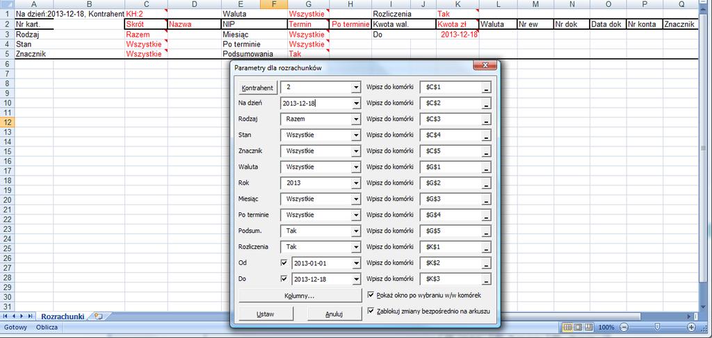 Polecenia menu Analizy Finansowe 2 27 Parametry dla rozrachunków Rys. 2-26 Okno Parametry dla rozrachunków otwarte z arkusza Rozrachunki.