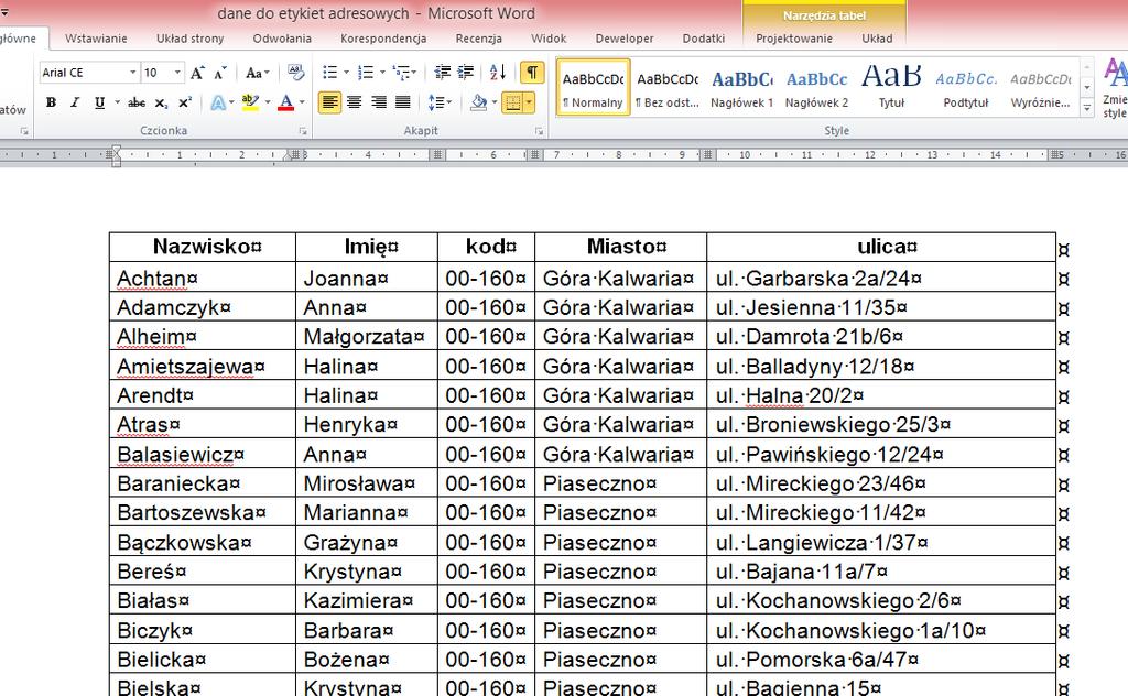 Wybieramy adresatów z wcześniej przygotowanej