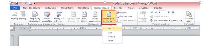 3. Po otwarciu danych z innego pliku (w naszym przykładzie z MS WORD a) na karcie Korespondencja ujawniają się odpowiednie