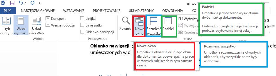 Wiele stron - polecenie umożliwia zmianę widoku dokumentu tak aby było widoczne kilka stron danego dokumentu. Narzędzie daje możliwość szybkiego sprawdzenia czy opracowywany dokument np.