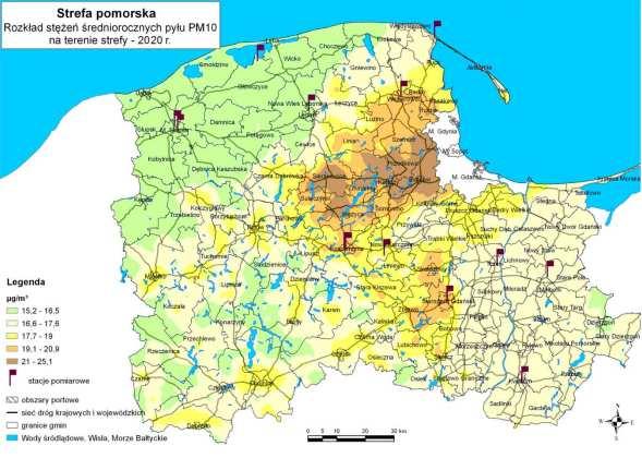 Rysunek 4 Rozkład stężeń średniorocznych pyłu PM10 na obszarze strefy pomorskiej w roku prognozy 2020 Źródło: Programu ochrony powietrza dla strefy pomorskiej na lata 2015-2020 z pespektywą na lata