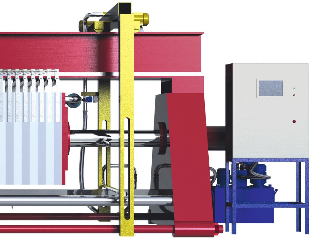 9 10 3 8 1 3 2. Płyty filtracyjne płyty komorowe z polipropylenu płyty membranowe z polipropylenu (dla pras filtracyjnych membranowych) 3. Mechanizm mocowania płyt hydrauliczny 4.