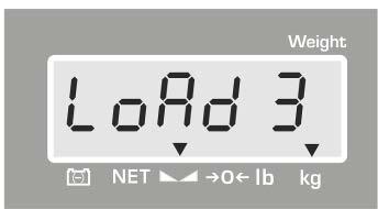 Przy wskazaniu LoAd 3 ostrożnie ustawić trzeci odważnik kalibracyjny na środku płytki wagi.