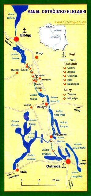 Kanał Ostródzko-Elbląski o dł. 82 km ze względu na funkcjonujące na nim od 1860 roku urządzenia hydrotechniczne jest zaliczany do ewenementów w skali światowej.