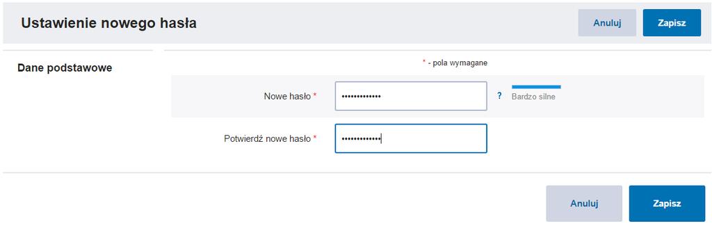 Po wejściu na stronę przeznaczoną do zmiany hasła należy wpisać nowe hasło w polach Nowe hasło i Powtórz hasło oraz potwierdzić operację klikając na