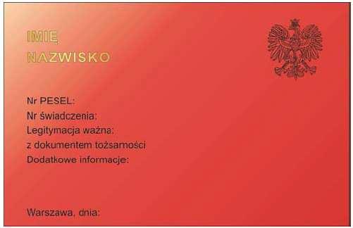 Strona 1 legitymacji: 1) tło w kolorze czerwonym cieniowane; 2) w lewym górnym rogu wizerunek orła według wzoru ustalonego dla godła Rzeczpospolitej Polskiej i napis WBE ; 3) poniżej napisy wykonane