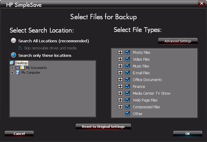 File Types & Locations (Typy i lokalizacja plików) Domyślnie program HP SimpleSave wykonuje automatyczne kopie zapasowe plików najczęściej używanych typów, znajdujących się na głównym dysku twardym