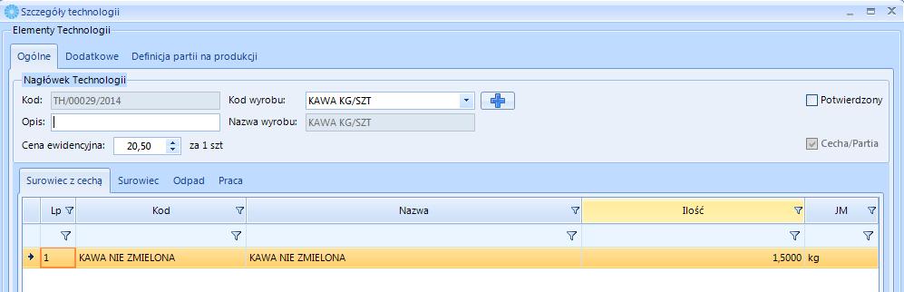 Na zakładce "Definicja partii na produkcji" widoczna jest domyślna definicja cechy którą wprowadziliśmy w konfiguracji.