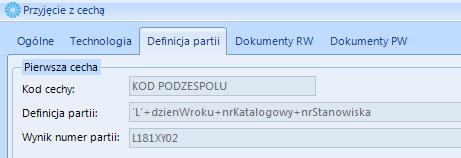 Na zakładce Definicja partii widnieje podgląd cech: W przypadku gdy mamy ustawioną w konfiguracji cenę ewidencyjną, widoczne są zakładki "Szczegóły dokumentu".