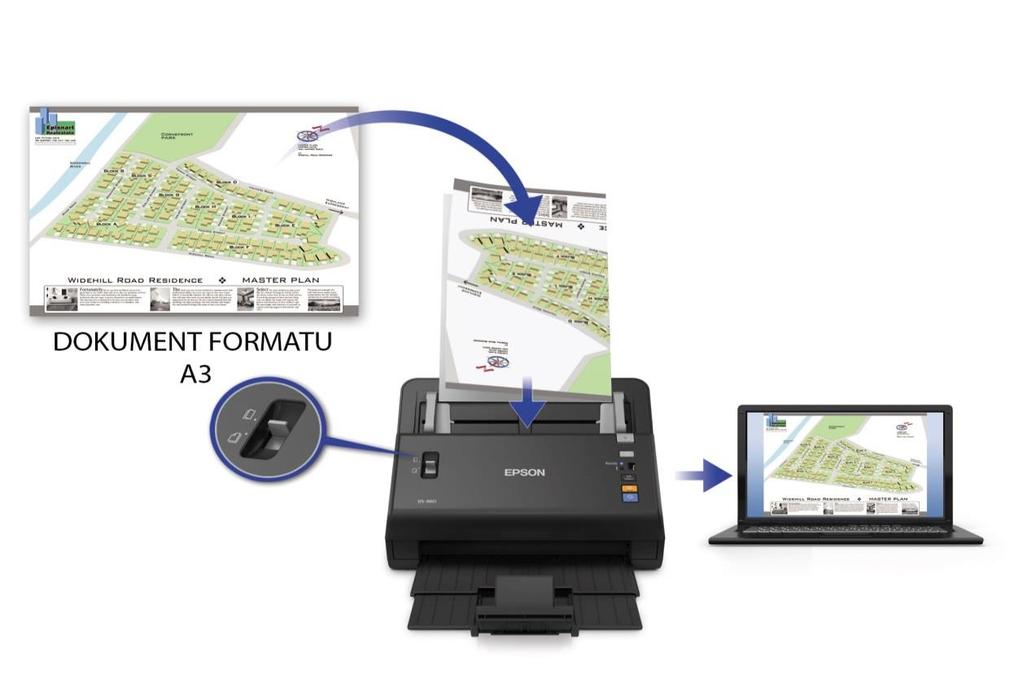 Skanowanie arkuszy A3 Edit Master text styles Dzięki wykorzystaniu technologii skanowania dwustronnego, jednoprzebiegowego skanery firmy Epson umożliwiają również skanowanie arkuszy formatu A3.