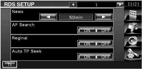 Konfigurowanie TV na ekranie Konfiguracja RDS Można ustawić parametry dotyczące RDS. Wyświetl ekran konfiguracji RDS Dotknij na ekranie "Setup Menu" (strona 58).