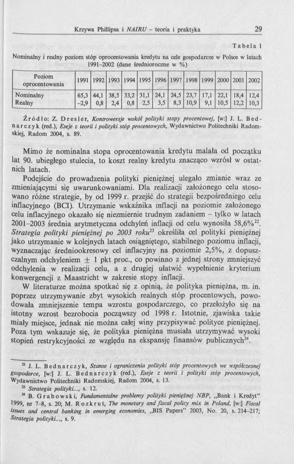 Tabela 1 Nominalny i realny poziom stóp oprocentowania kredytu na cele gospodarce w Polsce w latach 1991-2002 (dane średnioroczne w %) Poziom oprocentowania 1991 1992 1993 1994 1995 1996 1997 1998