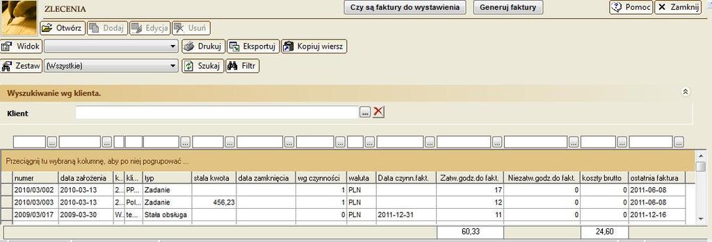 104 69.3. Wyszukiwanie zleceń 69.3.1. Okno wyszukiwania zleceń System pozwoli na przeglądanie listy zleceń pod kątem ilości czynności na poziomach niższych niż poziom fakturowania sprzed daty zamknięcia listy czynności.