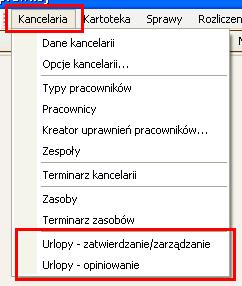 119 Co nowego w systemie Kancelaris 4.12 STD/ 4.22 PLUS 74. Urlopy 74.1. Wstęp Kancelaris oferuje system składania, opiniowania i zatwierdzania wniosków urlopowych.