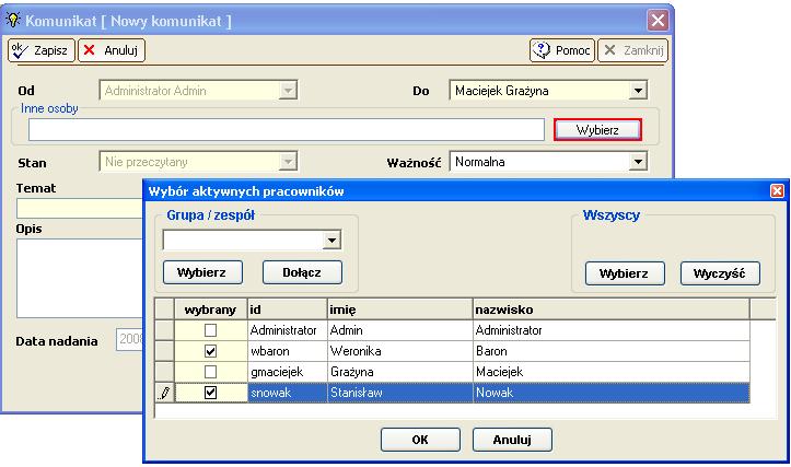 16 18.2. Wysyłanie komunikatu do wielu osób W oknie komunikatu dodano możliwość wysłania komunikatów jednocześnie do wielu pracowników.