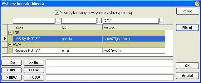 27 Podczas wybierania kontaktu: dwukrotne kliknięcie w wybrany wiersz listy lub użycie przycisku [>] powoduje wpisanie zaznaczonego adresu w odpowiednie pole, przyciski [>>] przenoszą wszystkie