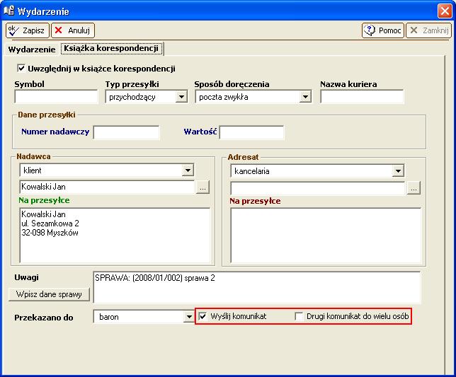 29 27.3. Książka korespondencji Podczas rejestracji wydarzenia w książce korespondencji dodano możliwość wysłania komunikatu do pracownika, któremu przekazano korespondencję, np.