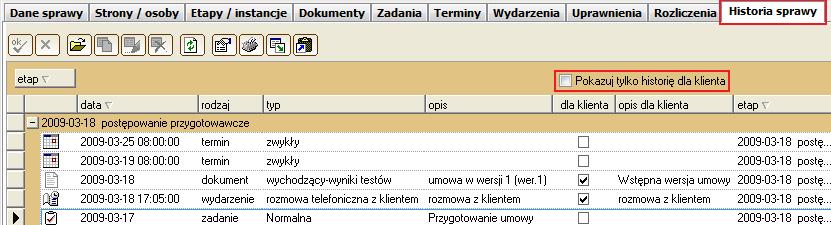 Karta [Historia sprawy] Do okna Sprawy została dodana karta [Historia sprawy], która zawiera listę zadań, terminów, wydarzeń oraz dokumentów związanych z daną sprawą.