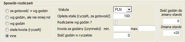 Ilość godzin do zmiany stawki, w które można wpisać wartość 0, Zmiana, które przyjmuje wartości liczbowe z operatorami +, -, % i dodatkowo =.