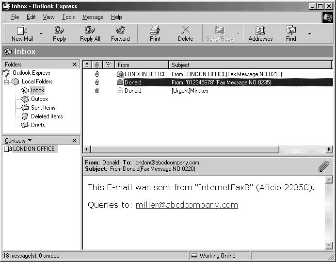 Odbieranie faksów internetowych Odebrane obrazy Poniåej zostaâ zamieszczony przykâad faksu internetowego wysâanego z urzàdzenia i odebranego na komputerze za pomocà aplikacji Outlook Express.