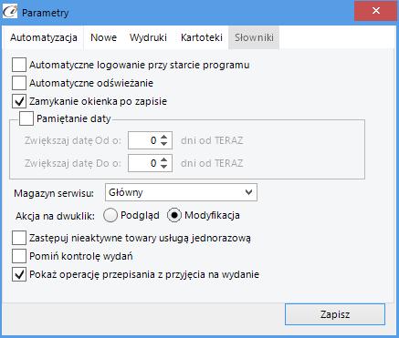 Nowe (rys. 14) Automatyzacja Parametry Nowe służą do skonfigurowania domyślnych ustawień dla nowego zlecenia.