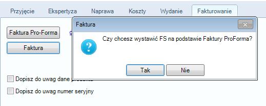 Jeżeli będziemy chcieli wystawić Fakturę gdy wystawiona jest Pro-Forma program wyświetli następujące pytanie: (rys.