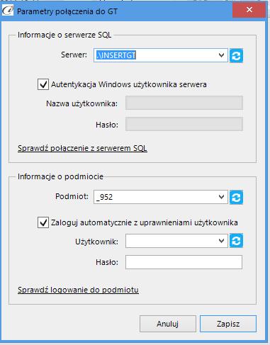 (rys. 7) Parametry połączenia do GT W zależności od konfiguracji serwera SQL możemy do zrealizowania połączenia