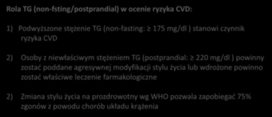 Rola TG (non-fsting/postprandial) w ocenie ryzyka CVD: 1) Podwyższone stężenie TG (non-fasting: 175 mg/dl ) stanowi czynnik ryzyka CVD 2) Osoby z niewłaściwym stężeniem TG