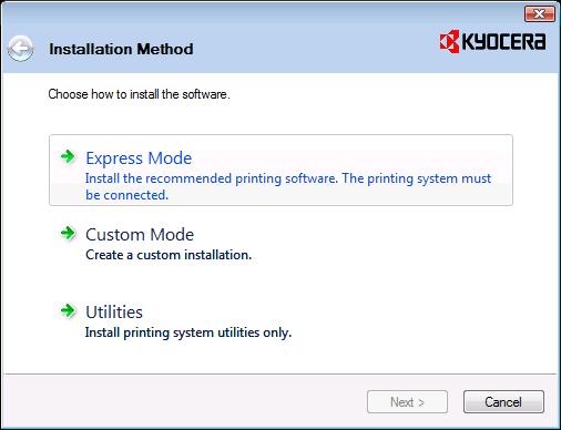 Express Mode: Jeśli drukarkę podłączono przez port USB lub połączenie sieciowe i jest ona włączona, program instalacyjny wykryje urządzenie.