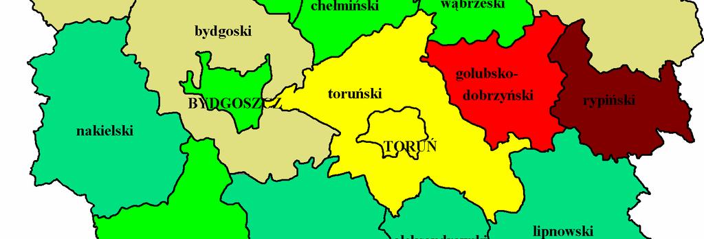 Rozkład geograficzny zachorowań na raka płuca u męŝczyzn w woj. kujawsko-pomorskim w 2004 r. Mapa 3 Ryc.