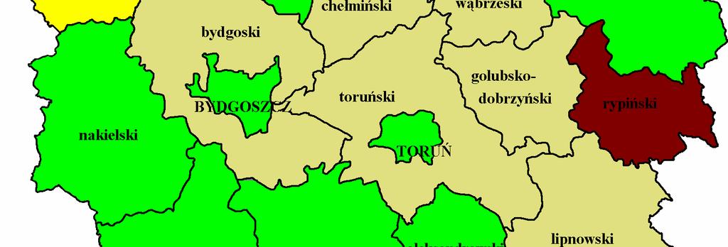 Mapa 7 Rozkład geograficzny zachorowań na raka jelita grubego (C18-C21) u kobiet w woj. kujawsko-pomorskim w 2004 r. Ryc.