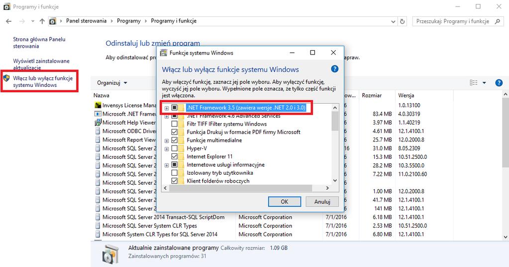 W przypadku korzystania z systemu operacyjnego Windows 10, komponent.net 3.