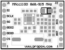 5 3V3 Napięcie zasialania - 1.8V - 3.6V 6 GND Masa 7 GND Masa 8 GND Masa Połączenie z Mikrokontrolerem Moduł MMcc1100 komunikuje się z mikrokontrolerem przy pomocy standardowej magistrali SPI.