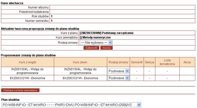 - w wiązce do wskazanego przedmiotu z planu studiów zostanie dopisana ocena ze zrealizowanego przedmiotu zewnętrznego - Podmiana przedmiot z planu studiów zostanie zastąpiony przedmiotem zewnętrznym