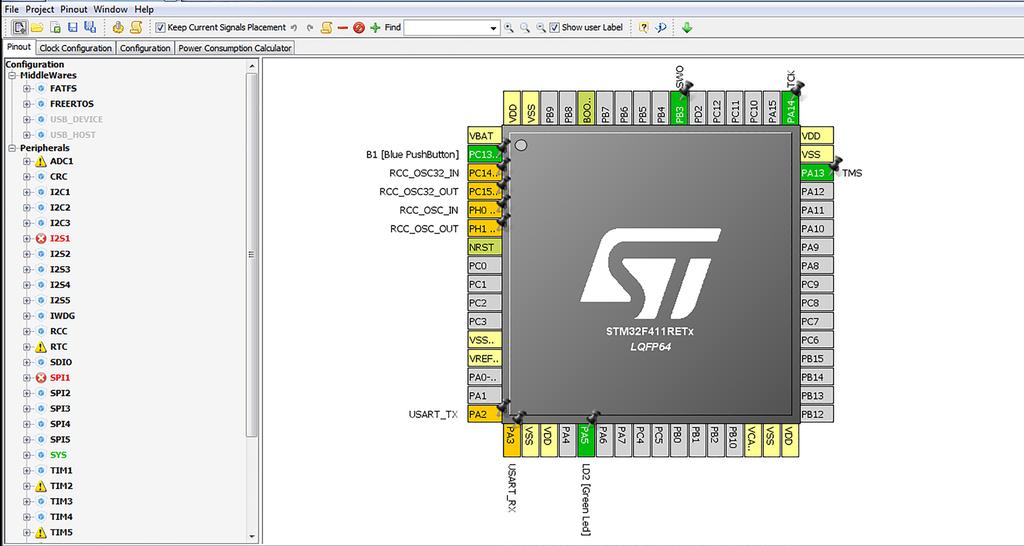 Rysunek 1. Okno programu STM32CubeMX po wybraniu mikrokontrolera Oprogramowanie STM32CubeMX w wersji 4.11.0 lub nowszej, do pobrania spod adresu http://goo.gl/ 8TAepY.