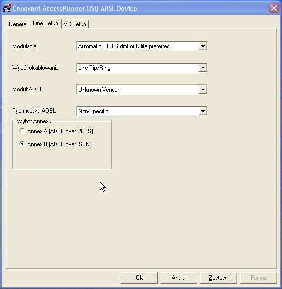 Annex B (ADSL over ISDN). Następnie naciskamy przycisk OK.