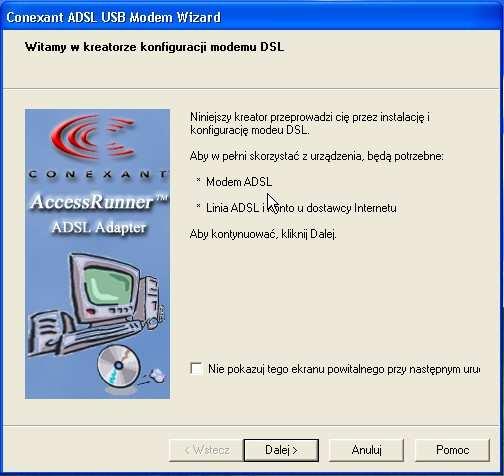 3 Instalacja modemu ADSL. Modem ADSL jest zgodny ze standardem USB 1.1. Przed podłączeniu go do komputera muszą zostać zainstalowane odpowiednie sterowniki z dołączonej do urządzenia płyty CD-ROM. 3.