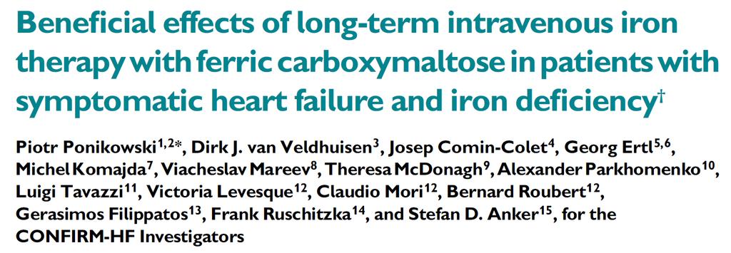 CONFIRM-HF was a multi-centre, double-blind, placebo-controlled trial that enrolled 304 ambulatory symptomatic HF pts with LVEF 45%, elevated NPs, and iron deficiency (ferritin <100 ng/ml or 100 300