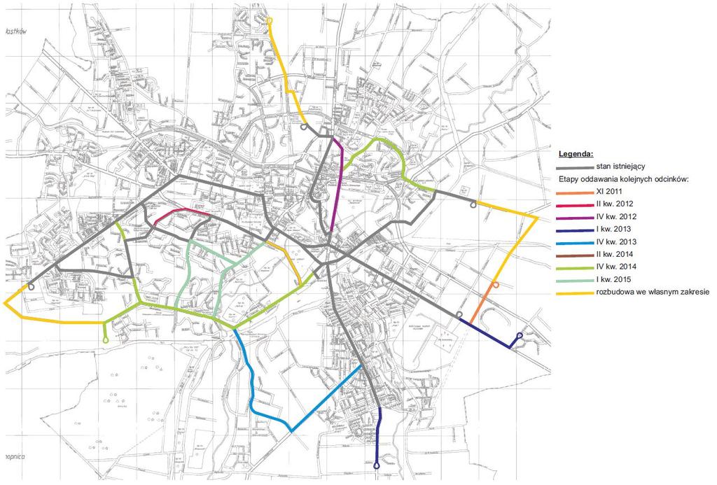 Schemat istniejącej sieci i planowanych do wybudowania odcinków trakcji trolejbusowej w Lublinie Łącznie zostanie