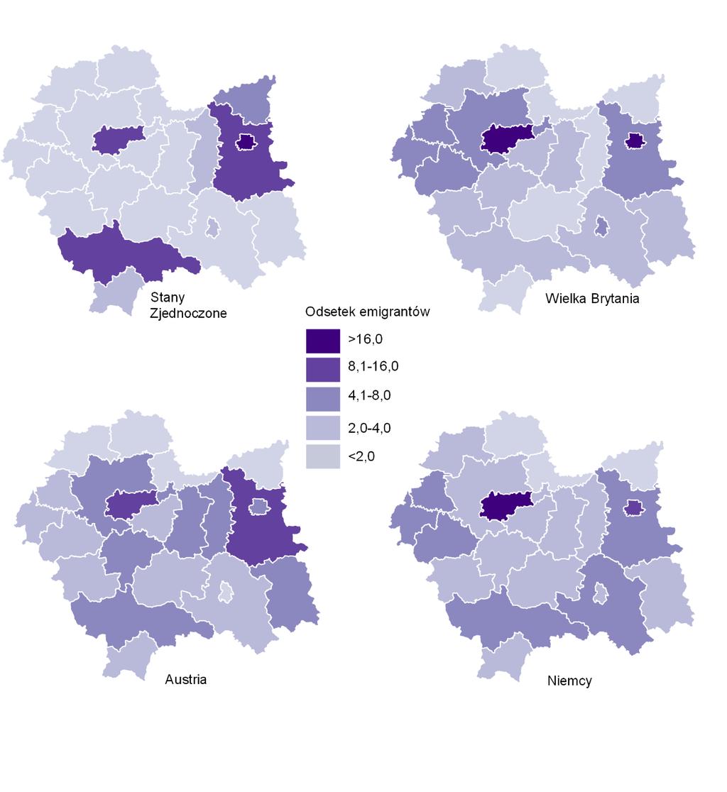 a także miasta Tarnów i Nowy Sącz, powiaty nowosądecki oraz gorlicki charakteryzuje ponad 20-procentowy udział emigrantów, którzy w latach 2004 2014 wymeldowali się do Wielkiej Brytanii.