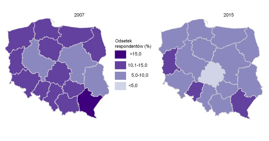 Mapa 5. Poziom zainteresowania migracjami w województwach w 2007 i 2015 roku Źródło: opracowanie własne na podstawie danych z badania Diagnoza społeczna 2015.