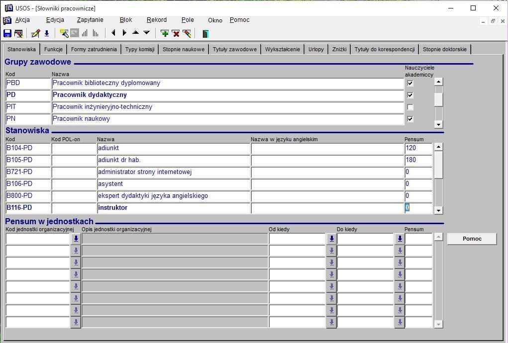3. Dane pracowników Pensum pracownika wyznaczane jest na podstawie jego stanowisko oraz wielkość etatu. Dodatkowo na wysokość pensum mają wpływ pełnione przez pracownika funkcje (np.
