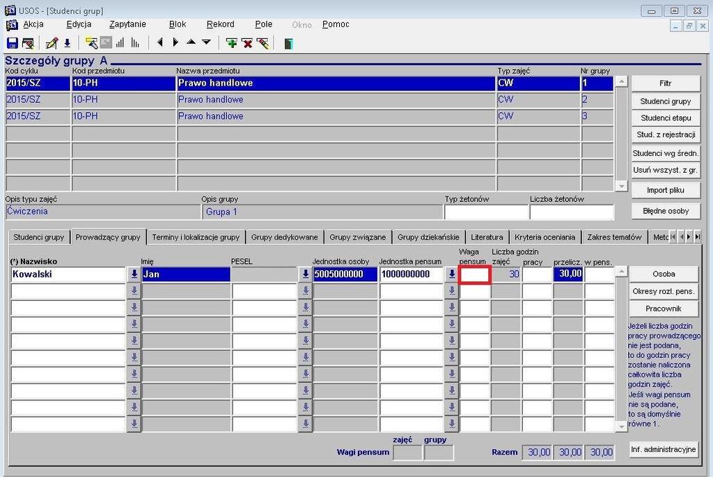 jest puste (czyli domyślnie wartość wagi to 1) panu Kowalskiemu do pensum również zostanie wliczone 30 godzin. Rys.